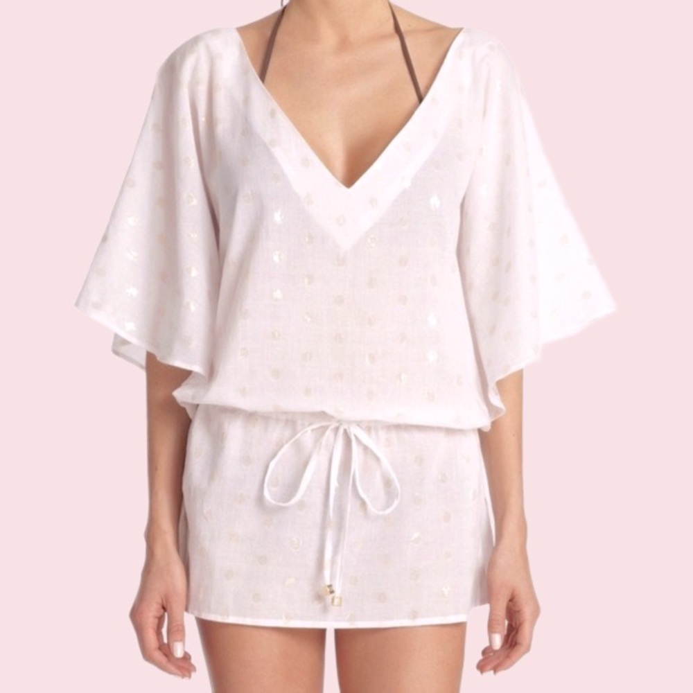 Elizabeth Hurley Beach cream coverup w/ gold polka dots